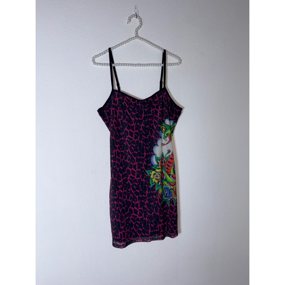 Ed Hardy Mini Dress large Pink Black Leopard Snake Tattoo Mesh New fitted tattoo